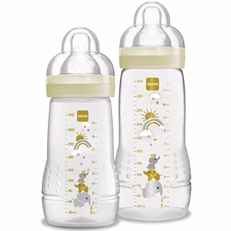 MAM Baby Kit 2 Mamadeiras Easy Active Set, 270ml e 330ml Com Formato Ergonômico e Fácil de Segurar para Crianças 4+ Meses com Bico de Silicone Skinsoft, Neutra