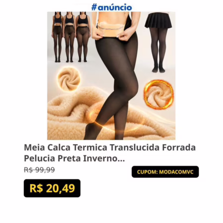 Meia Calca Termica Translucida Forrada Pelucia Preta Inverno Preto Un