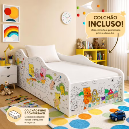 🛍 Mini Cama Infantil Ursinhos com Colchão para Colorir