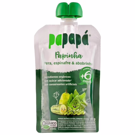 Papapá Papinha Orgânica de Frutas Sabor Pêra, Espinafre e Abobrinha, Sem Açúcar Adicionado com Ingredientes Naturais, 100g