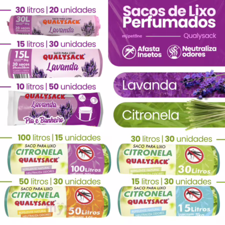 Sacos de Lixo Perfumado Neutraliza Odores, 10, 15, 30, 50 e 100 Litros - Qualysack