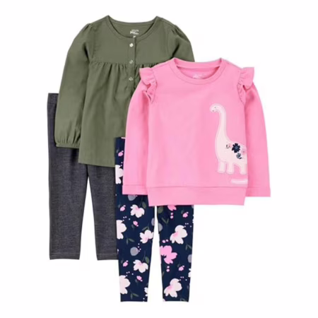 Simple Joys by Carter's Conjunto de 4 peças de camisa e calça de manga comprida para meninas pequenas, verde-oliva/rosa dino, 5 anos