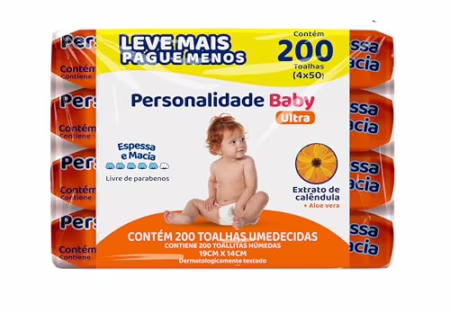 Toalha Umedecida Personalidade Baby Ultra Extrato de Calêndula e Aloe Vera 200 unidades 19cm X 14cm