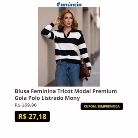 Blusa Feminina Tricot Modal Premium Gola Polo Listrado Mony