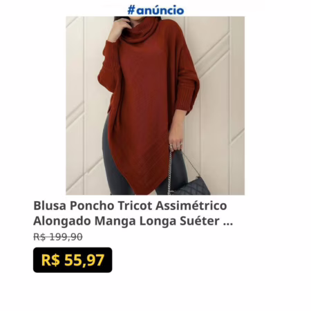 Blusa Poncho Tricot Assimétrico Alongado Manga Longa Suéter Terracota Único