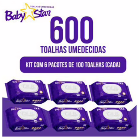 Caixa com 6 Lenços/Toalhas Umedecidas Baby Star Roxa c/ 100 Unidades Cada – Tampa FlipTop
