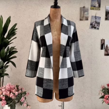 Cardigan Xadrez Tricô Kimono Inverno
