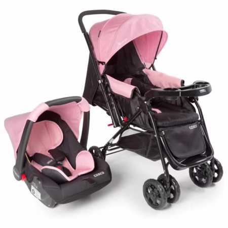 Carrinho de Bebê + Bebê Conforto - Travel System Duo, Cosco Kids, Reverse, 0 a 15kg, Rosa Rajado