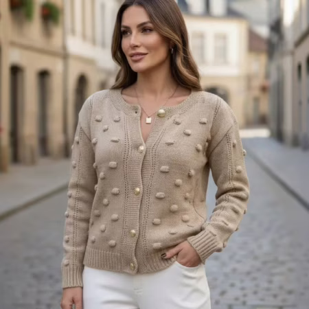 Casaco Cardigã Feminino Tricô Pipoca Com Botões