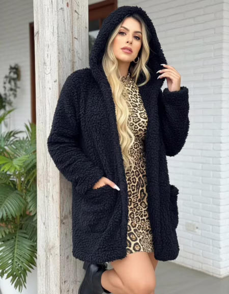 💎 Casaco Sobretudo Teddy Com Bolso Capuz Forrado Pelo Inverno