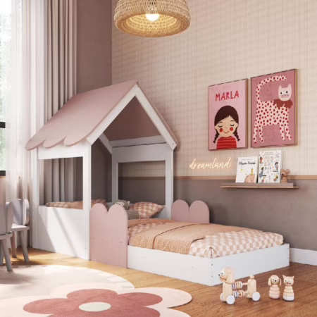 Completa Móveis Cama Montessoriana Infantil Casa Solteiro Branco/Rosa