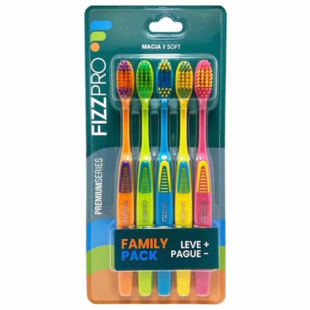 FizzPro, Pack com 5 escovas dentais, PremiumSeries, cerdas macias, laranja, verde, azul, amarela, rosa