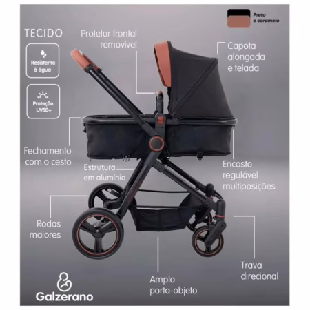 Galzerano Ivy, Carrinho de Passeio com Moisés, Preto e Caramelo, Proteção UV50+, Estrutura em Alumínio