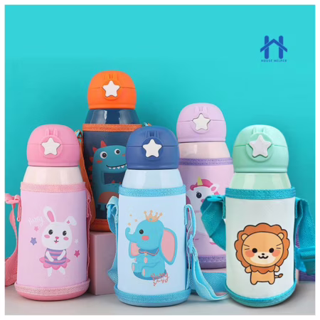 Garrafa Térmica Infantil de 500 ml Aço Inox 304 Com Alça Bolsa De Armazenamento, Canudo e Caneca