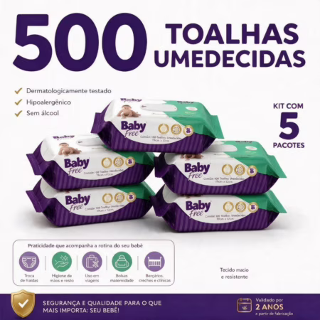 Kit 05 pacotes de Toalhas Umedecidas/ Lenços  Baby free c/100(sem tampa fliptop)