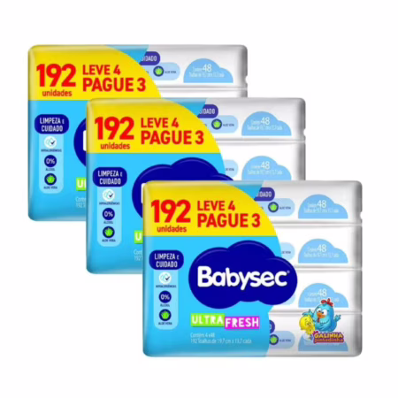 kit 3 Lenço Umedecido Babysec Pacote Econômico 192 unidades (4 pacotes com 48 unidades)