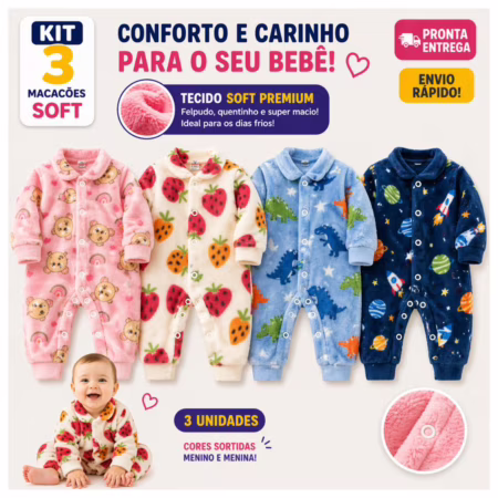 Kit 3 Macacão Soft De Bebê Com Botões Enxoval Infantil