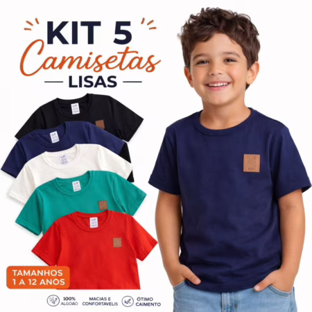 Kit 5 Camisetas Lisas Básicas MENINO Coloridas Verão 100% Algodão Confortável 1 a 12 anos
