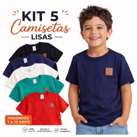 Kit 5 CAMISETAS Lisas Básicas MENINO Coloridas Verão Algodão Confortável