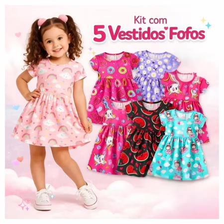 Kit 5 Vestidos Infantil Verão Conforto Menina Algodão Leve