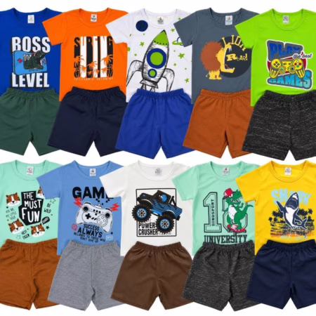 > 🛍️ Kit 6 ou 10 peças Conjunto Verão Roupa Menino Infantil Camiseta + Shorts Sortidos Liso ou Estampado