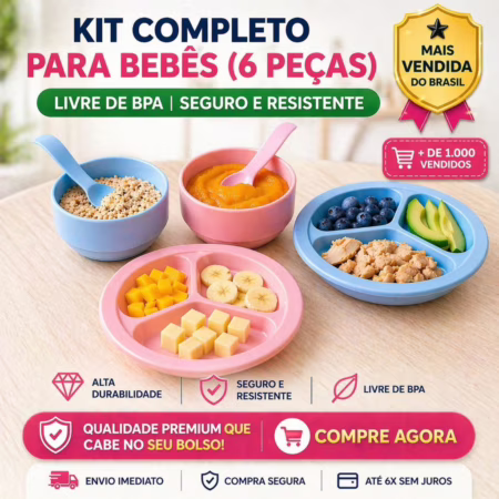 Kit Alimentação Bebê Introdução Alimentar 6 Peças Pratinho Potinhos Talheres Kit Refeição Sem BPA