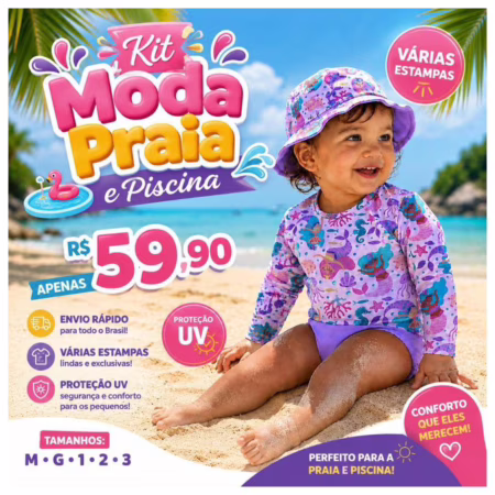 kit Bebê Blusa com Proteção Solar UV+Tapa Fralda(Calcinha do biquini) e+Chapéu- Moda Praia e Piscina Menina M ao 3