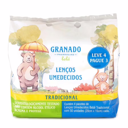 Kit Lenço Umedecido Granado Bebê Tradicional 4 Pacotes de 50 Unidades