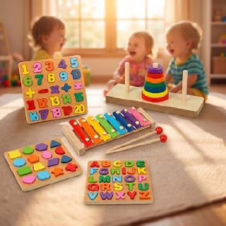 Kit Montessori Educativo Infantil 5 Peças – Brinquedos Educativos de Madeira para Coordenação Motora e Aprendizado Sensorial – Torre Montessori, Xilofone, Aramado e Tabuleiros Geométricos