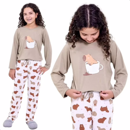 Pijama Capivara Infantil Feminino Manga Longa (2 ao 16)