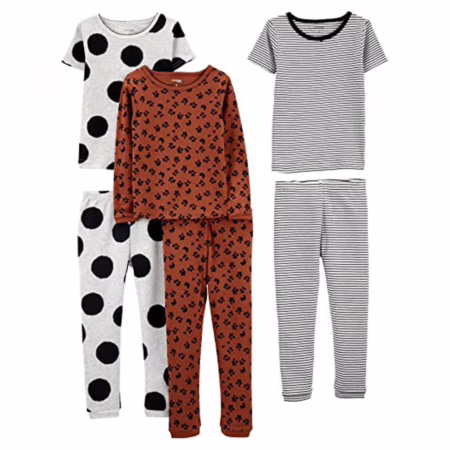 Simple Joys by Carter's Conjunto de pijama de algodão com ajuste confortável de 6 peças para meninas, Estampa animal marrom/bolinhas cinzas/listras brancas, 6-9 Meses