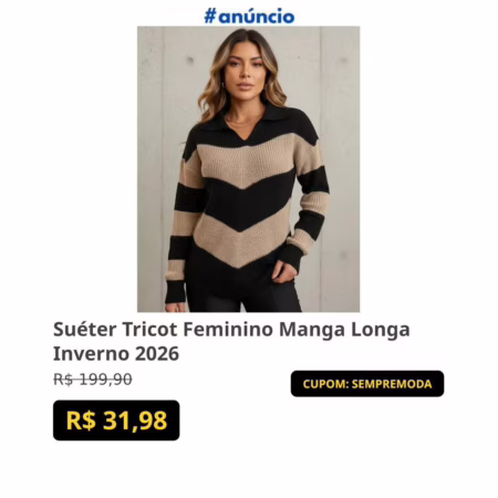Suéter Tricot Feminino Manga Longa Inverno 2026