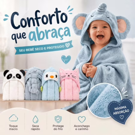 🔥 Toalha De Banho Infantil Com Capuz Felpuda Infantil Bebê Criança Bichinhos Grande Toalha Bebê