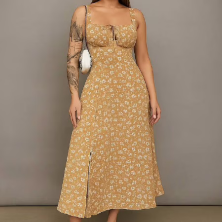 Vestido Midi Floral Com Fenda Feminino Estilo Blogueira