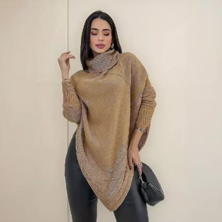 Blusa Poncho Tricot Assimétrico Alongado Manga Longa Suéter