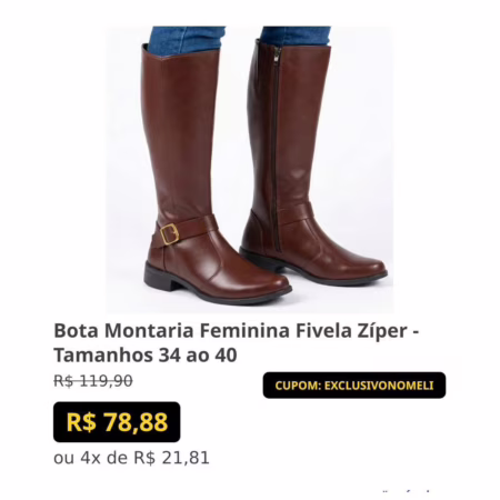Bota Montaria Feminina Fivela Zíper - Tamanhos 34 ao 40
