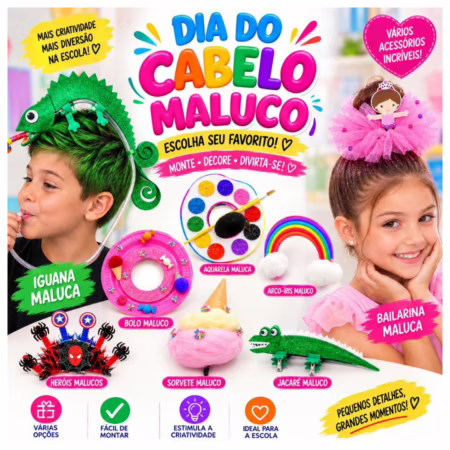 Cabelo Maluco Kit Acessórios Infantil Criativo para Escola Festa Penteado Menino Menina
