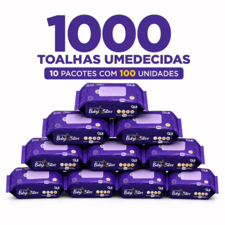 Caixa com 10 Lenços/Toalhas Umedecidas Baby Star Roxa c/ 100 Unidades Cada – Sem Tampa FlipTop