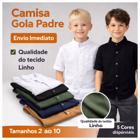 Camisa Social Infantil Gola Padre Manga Curta Lisa Menino Premium 02 ao 10