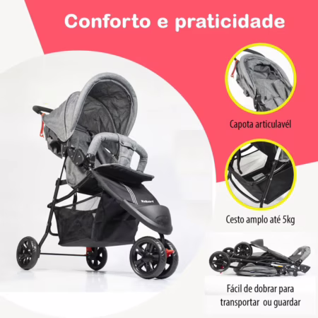 Carrinho De Bebê Easygo Com Cesto 3 Rodas Passeio Até 15kgs Cor Cinza