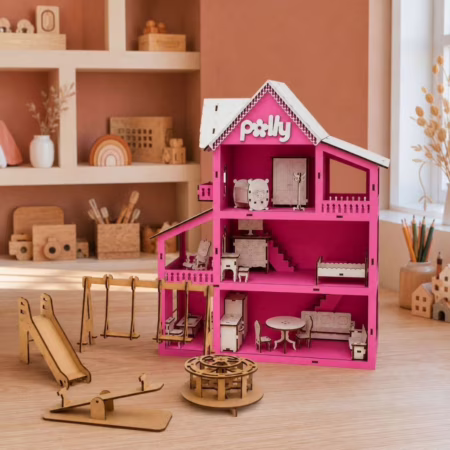 Casinha Casa de Boneca Mdf 45x13cm + 19 Mini Moveis Pequenos Acompanha  Parquinhos em Mdf