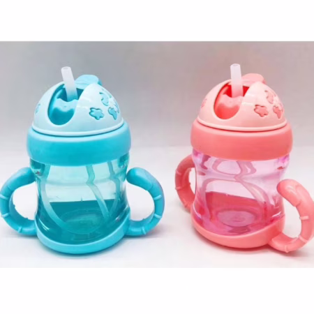 Copo de Água Potável 200ml com Tampa e Canudo + Alça de Plástico para Crianças, Bebê
