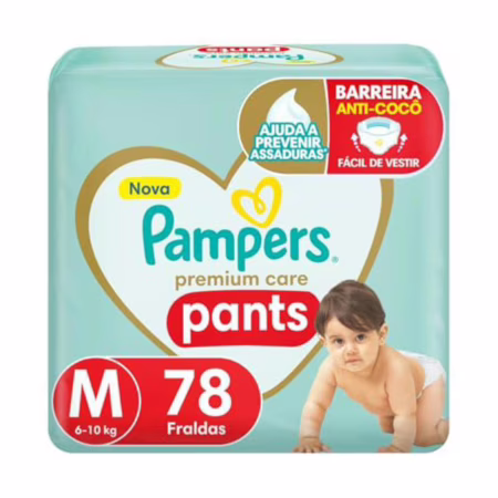 Fralda Pampers Premium Care Pants Tamanho M, Fácil de Vestir, 78 Unidades