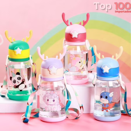Garrafas de Alce Água Portáti Infantil 600ml com Canudo e Cordão Desenho Multicolorido para Meninas Ou Meninos