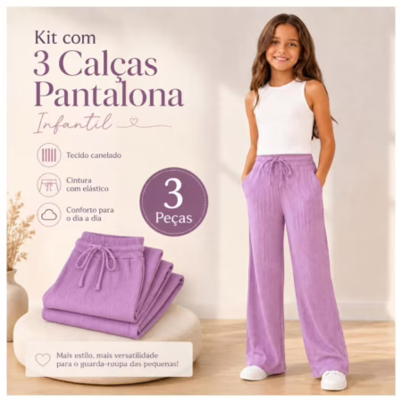 kit 3 Calça Pantalona infantil menina criança canelada com bolso