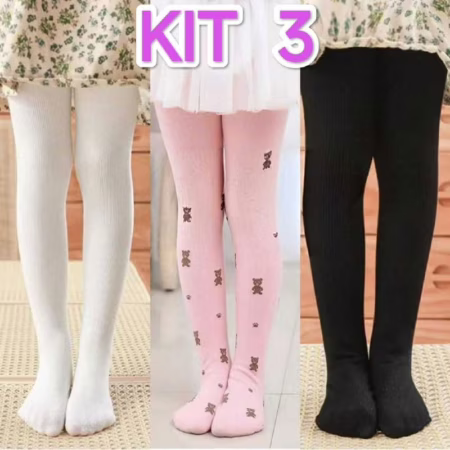 kit 3 Meias calça infantil Meia Grossa Frio Inverno Menina Preta/ Branca/Colorido,Estampa 1a 14 anos