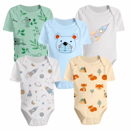 🛍️ Kit 5 Bodys Estampado ou Liso Roupa Bebê Manga Curta Menino e Menina