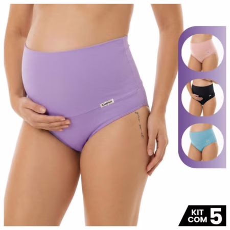 Kit 5 Calcinhas Cós Alto Duplo Gestante Cós Alto 15 Cm Feminina