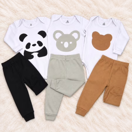 Kit 6 Peças  Body + Calça Bebê Suedine 100% Algodão Panda, Coala e Urso RN P M G GG | Closet Infantil!