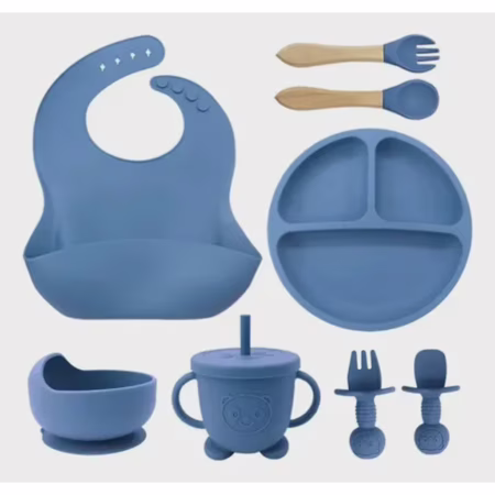 🛍 Kit Alimentaçao Bebe Silicone Ventosa Introdução Alimentar Azul-aço
